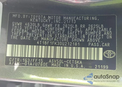 2013 Toyota Camry Se z USA, uszkodzony, nr VIN 4T1BF1FK3DU212181